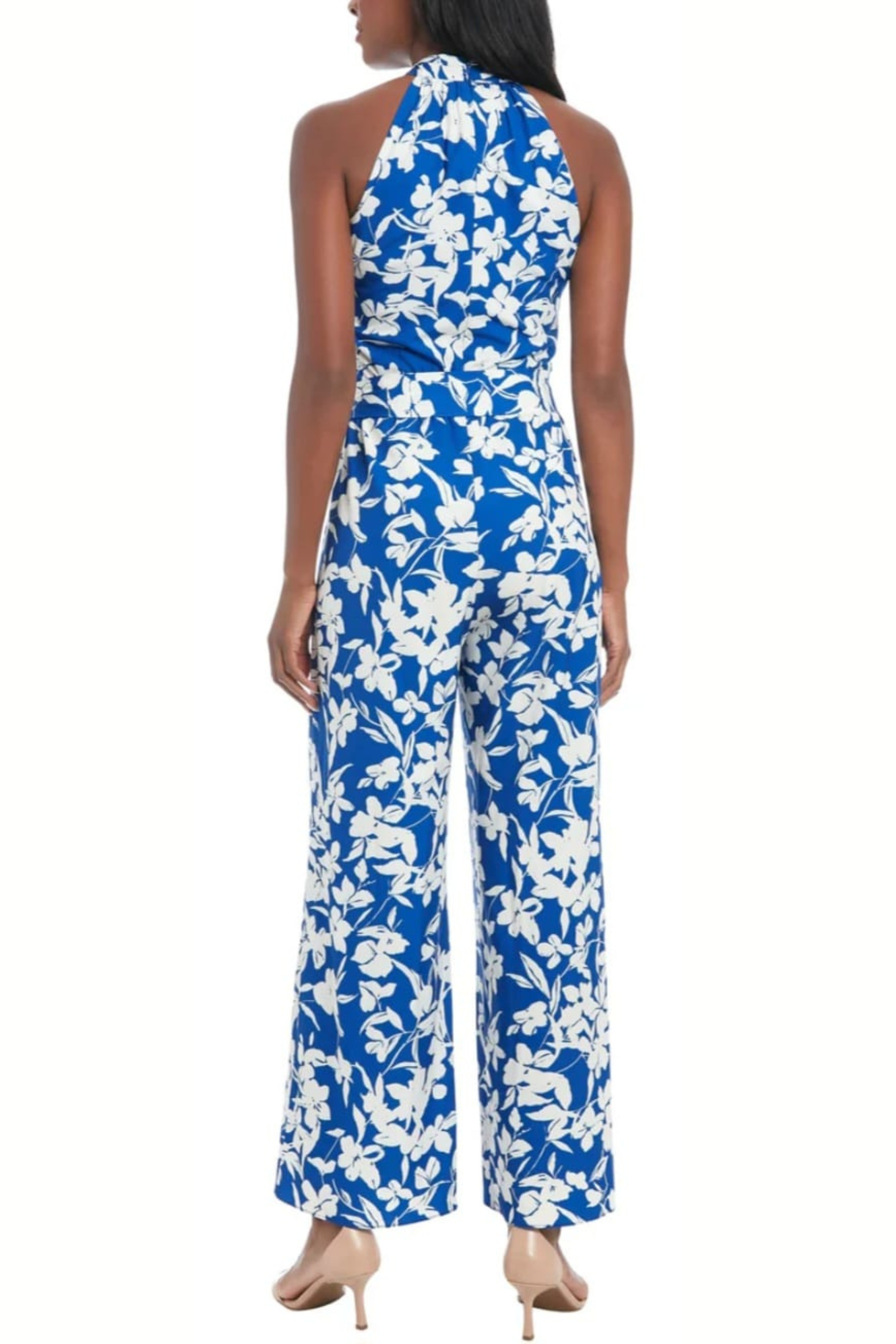 London Times T8002M Blue White Floral Print Halter Neck Wide Leg Jumpsuit