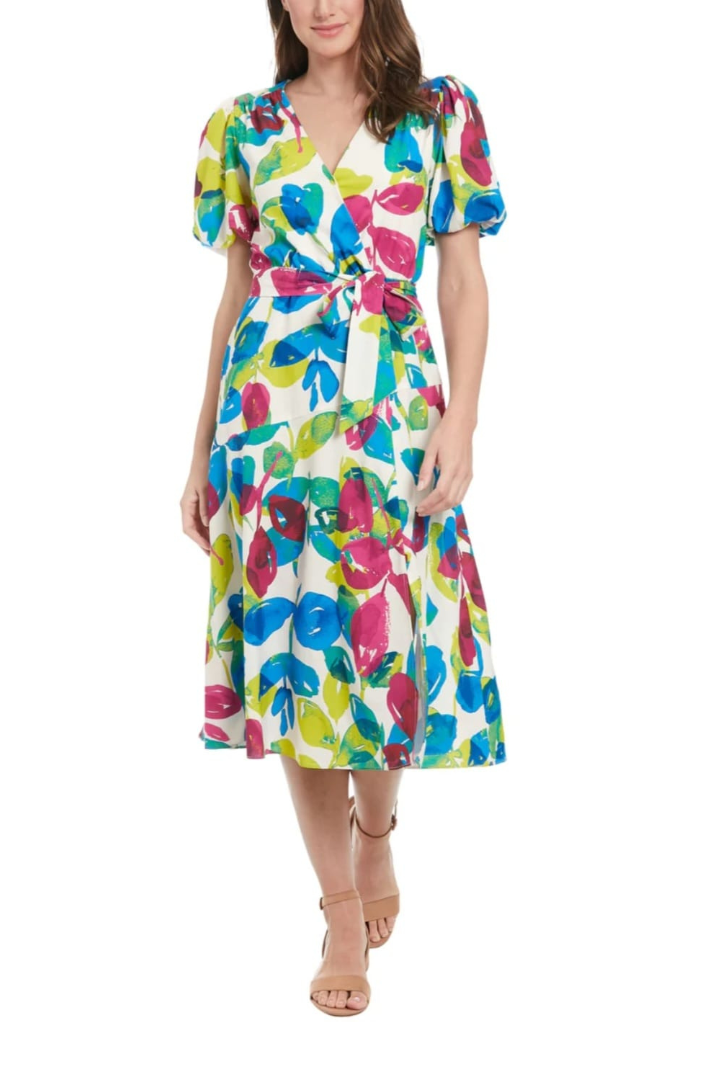 London Times T8004M Creme Berry Puff Sleeve Multi Color V-Neck A-Line Midi Dress with Slit Detail and Tie Sash Belt