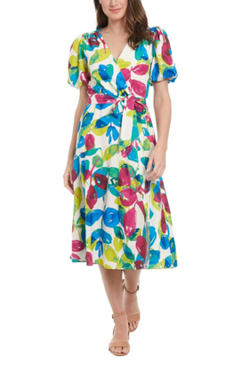 London Times T8004M Creme Berry Puff Sleeve Multi Color V-Neck A-Line Midi Dress with Slit Detail and Tie Sash Belt