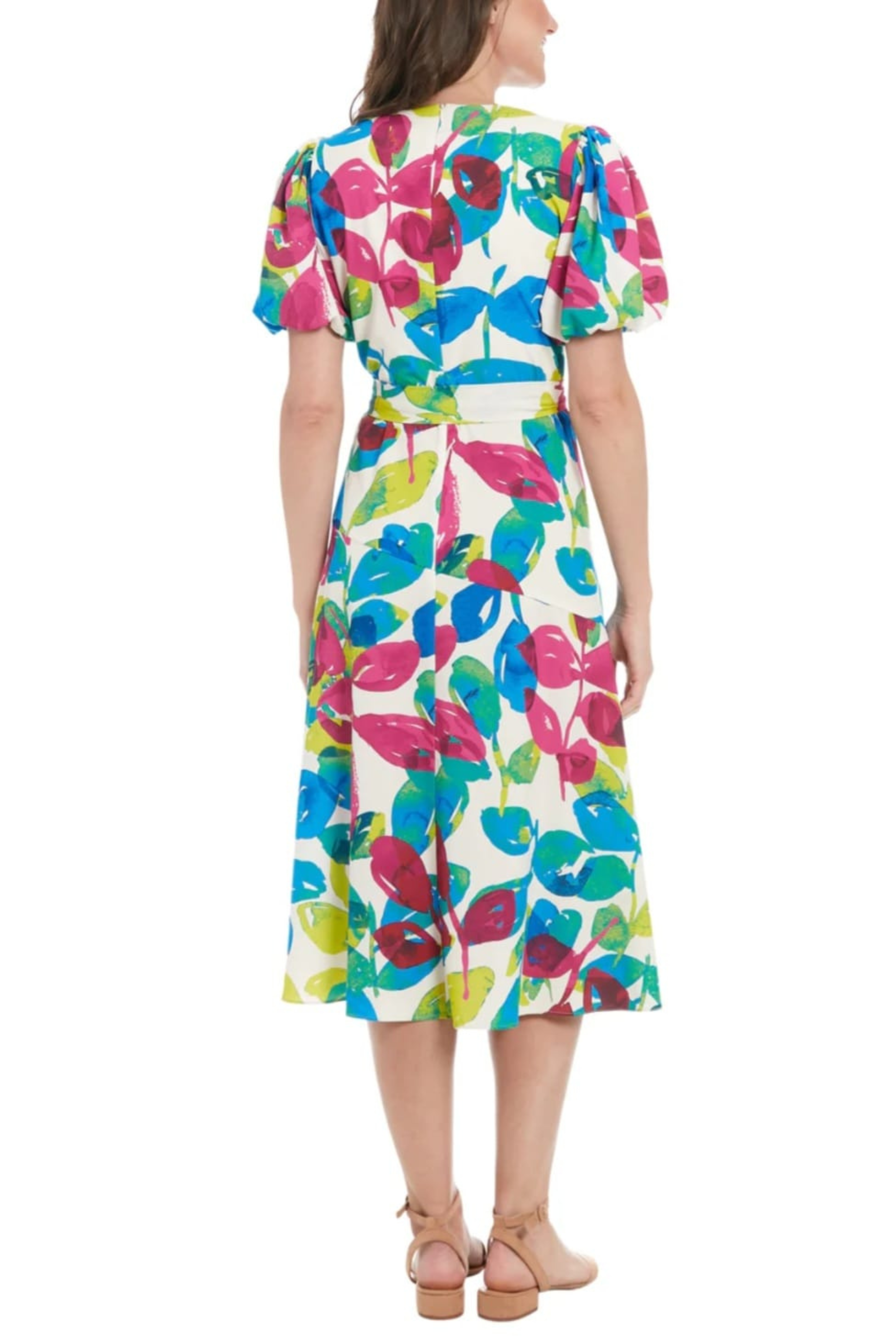 London Times T8004M Creme Berry Puff Sleeve Multi Color V-Neck A-Line Midi Dress with Slit Detail and Tie Sash Belt