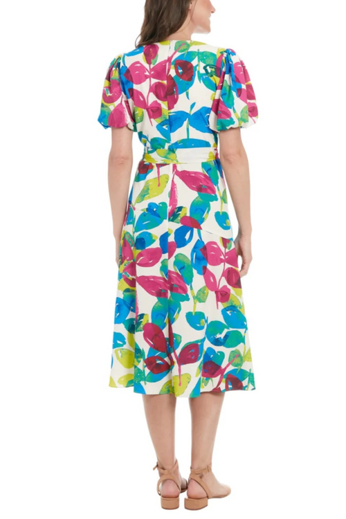 London Times T8004M Creme Berry Puff Sleeve Multi Color V-Neck A-Line Midi Dress with Slit Detail and Tie Sash Belt