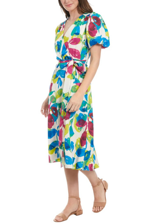 London Times T8004M Creme Berry Puff Sleeve Multi Color V-Neck A-Line Midi Dress with Slit Detail and Tie Sash Belt