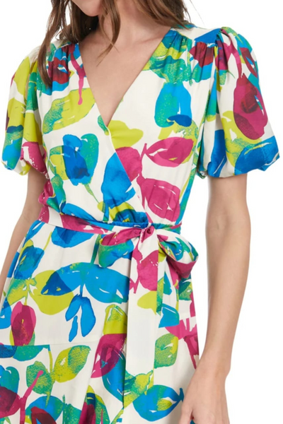 London Times T8004M Creme Berry Puff Sleeve Multi Color V-Neck A-Line Midi Dress with Slit Detail and Tie Sash Belt