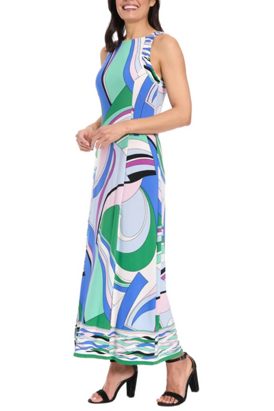 London Times T8078M Multi Color Sleeveless Jersey Maxi Dress with Slit Detail
