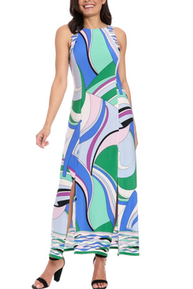 London Times T8078M Multi Color Sleeveless Jersey Maxi Dress with Slit Detail
