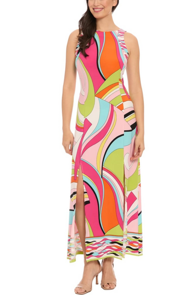 London Times T8078M Multi Color Sleeveless Jersey Maxi Dress with Slit Detail