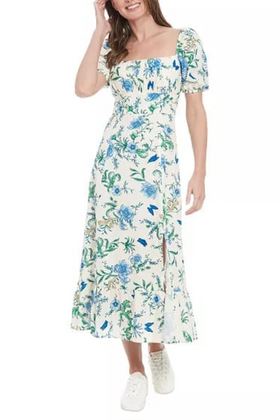 London Times T8103M Puff Sleeve Flower Print Maxi Dress with Square Neck, Linen