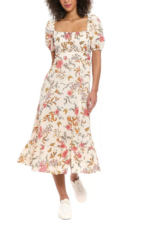 London Times T8103M Puff Sleeve Flower Print Maxi Dress with Square Neck, Linen