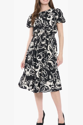 London Times T8109M Paisley Print A-Line Puff Sleeve Midi Dress