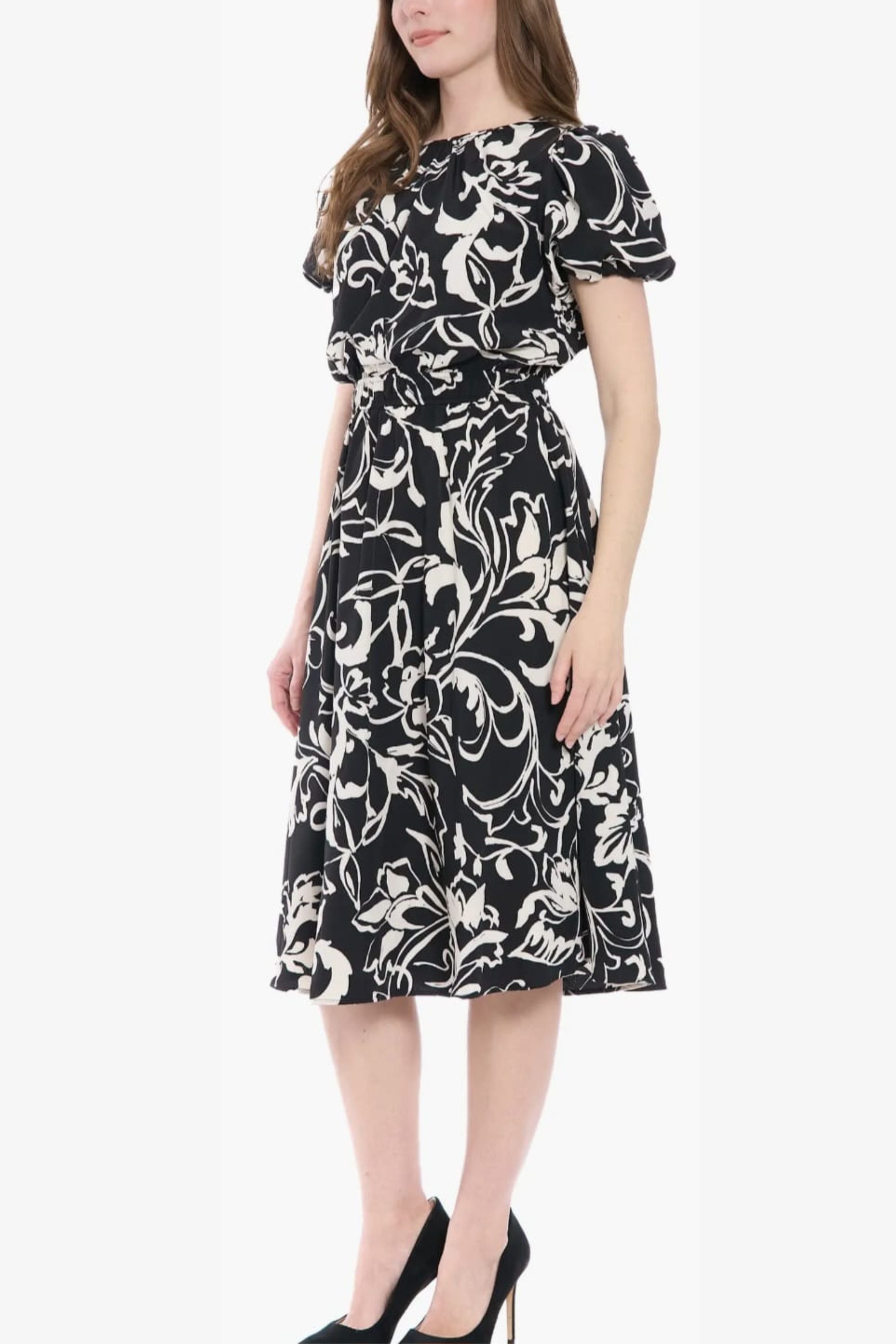 London Times T8109M Paisley Print A-Line Puff Sleeve Midi Dress