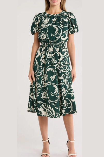 London Times T8109M Paisley Print A-Line Puff Sleeve Midi Dress
