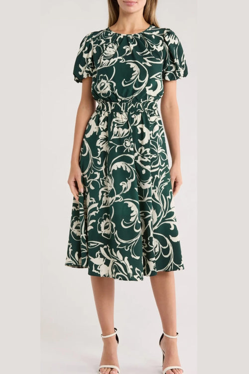 London Times T8109M Paisley Print A-Line Puff Sleeve Midi Dress