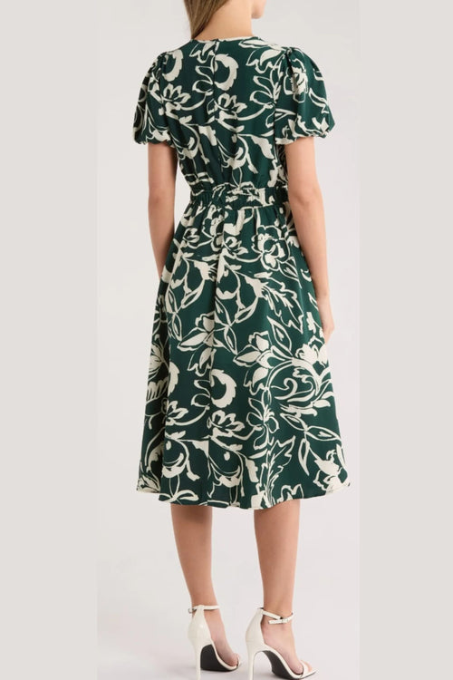 London Times T8109M Paisley Print A-Line Puff Sleeve Midi Dress