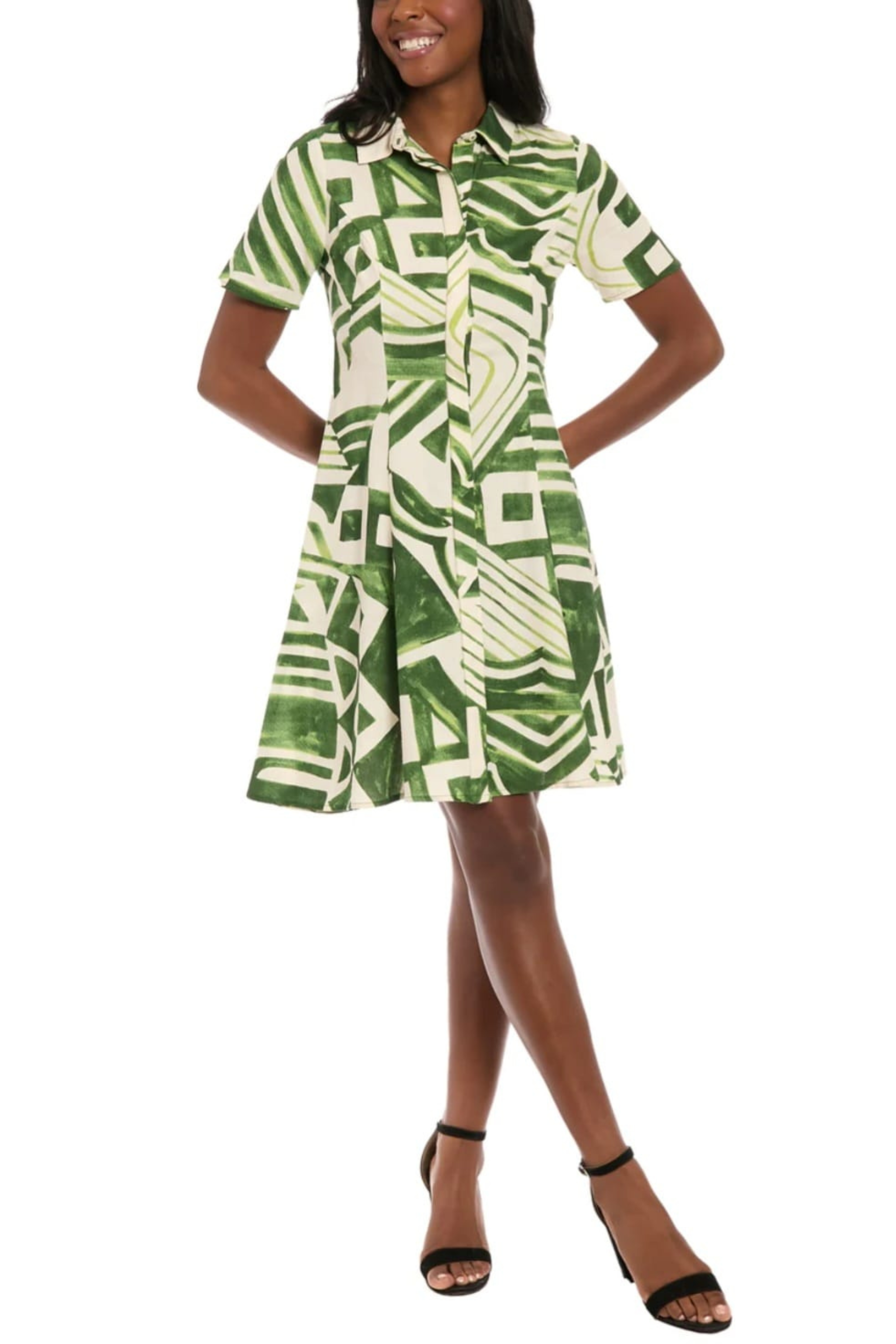 button down a line dress London Times T8124M Abstract Print Short Sleeve Collared Cream Green / 4 The flowy fabric ensures Size:US 10.5 / EU 41.5 Dressy Dresses Macy's Black mickey minnie halloween