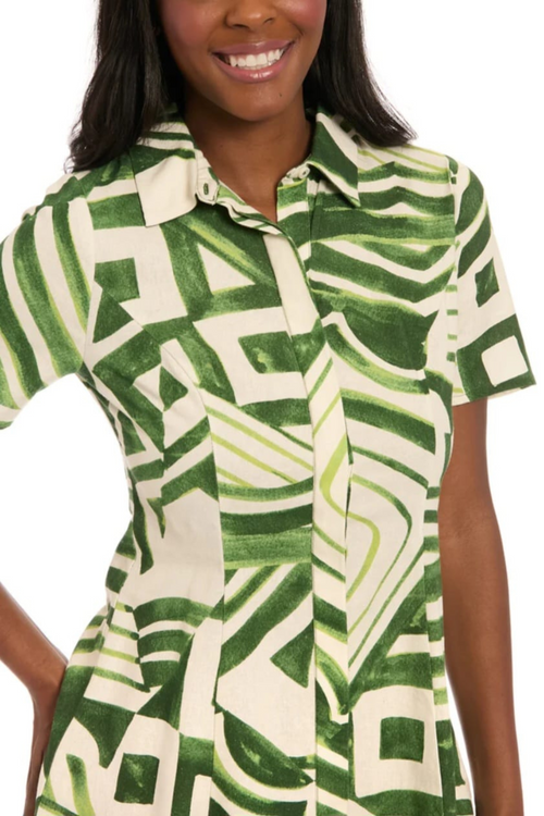 London Times T8124M Abstract Print Button Down Short Sleeve Collared A-Line Dress