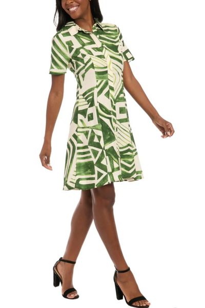 London Times T8124M Abstract Print Button Down Short Sleeve Collared A-Line Dress