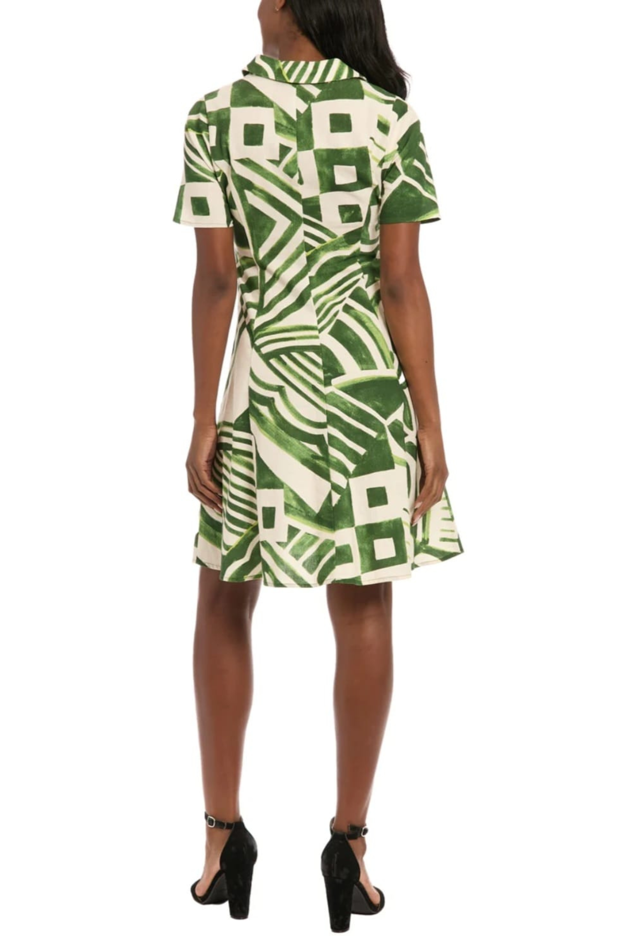 London Times T8124M Abstract Print Button Down Short Sleeve Collared A-Line Dress