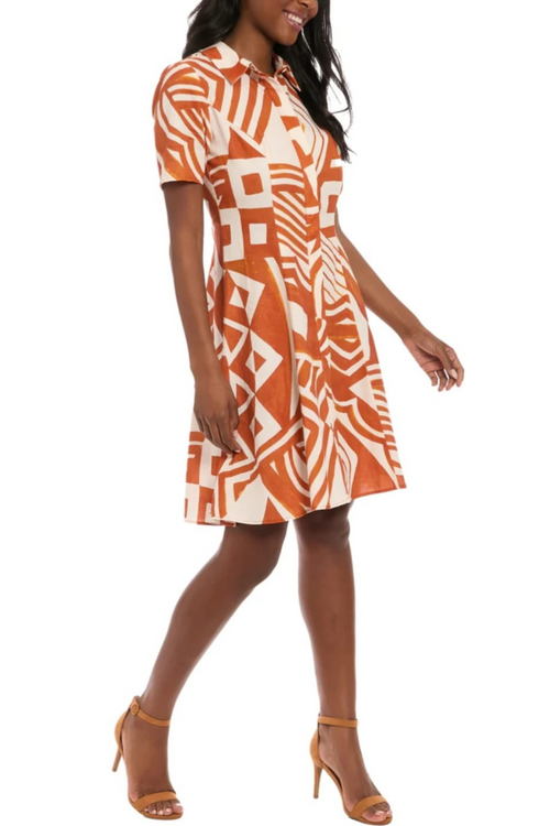 London Times T8124M Abstract Print Button Down Short Sleeve Collared A-Line Dress
