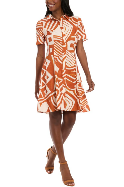 London Times T8124M Abstract Print Button Down Short Sleeve Collared A-Line Dress