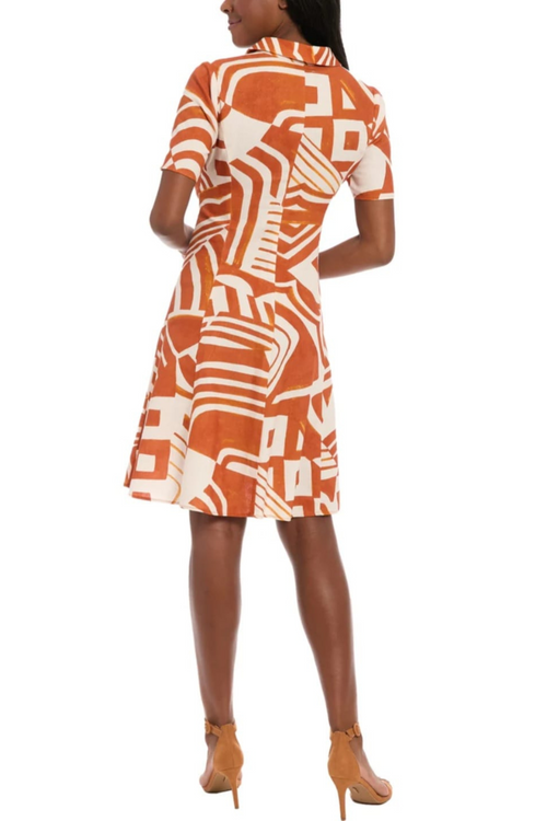 London Times T8124M Abstract Print Button Down Short Sleeve Collared A-Line Dress
