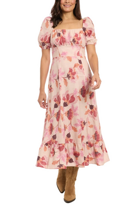 London Times T8142M Beige Rust Floral Print Ruffle Square Neck Maxi Dress with Slit Detail and Ruffled Detail