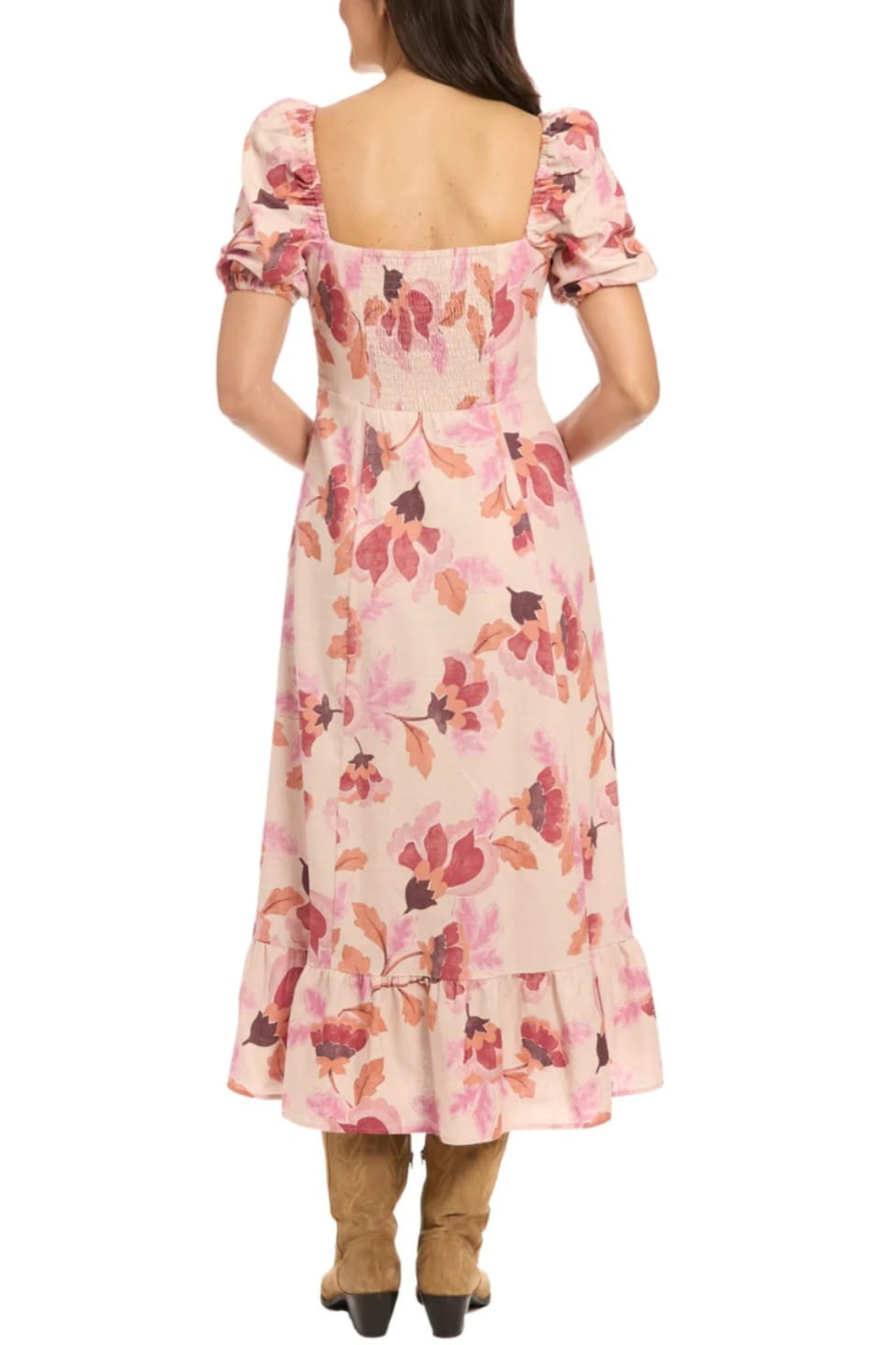 London Times T8142M Beige Rust Floral Print Ruffle Square Neck Maxi Dress with Slit Detail and Ruffled Detail