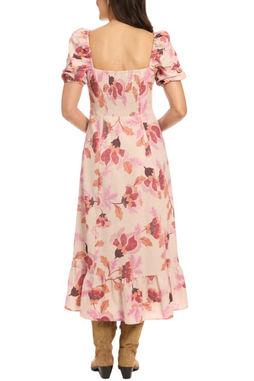 London Times T8142M Beige Rust Floral Print Ruffle Square Neck Maxi Dress with Slit Detail and Ruffled Detail
