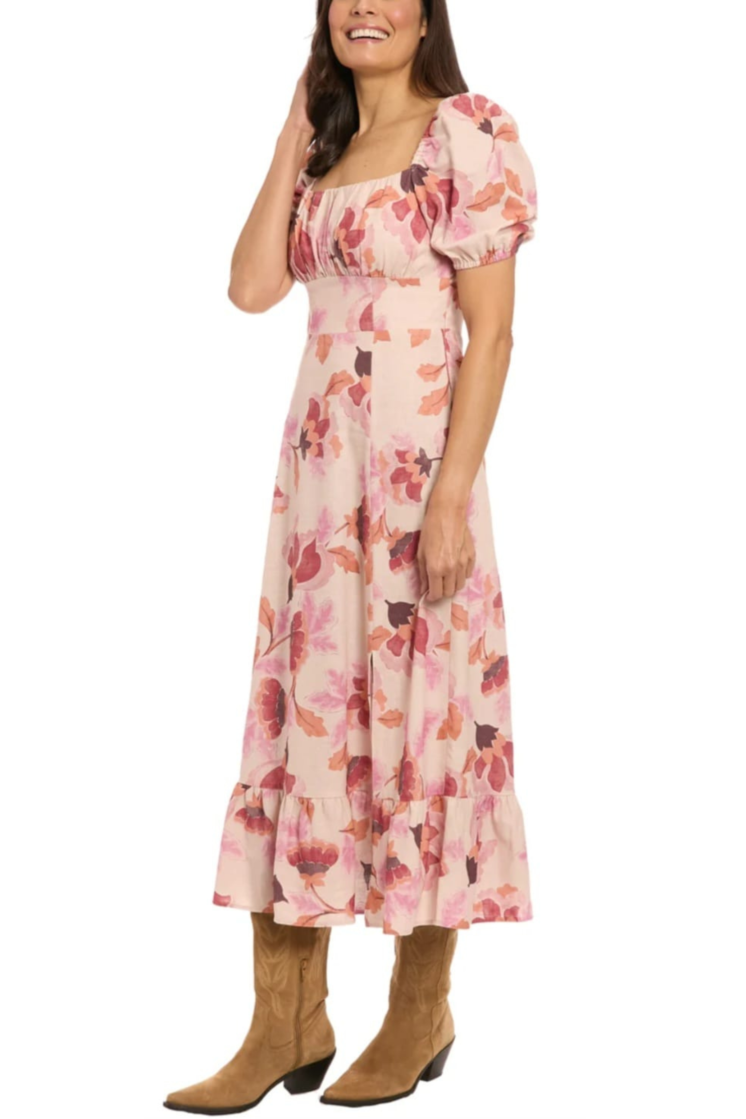 London Times T8142M Beige Rust Floral Print Ruffle Square Neck Maxi Dress with Slit Detail and Ruffled Detail