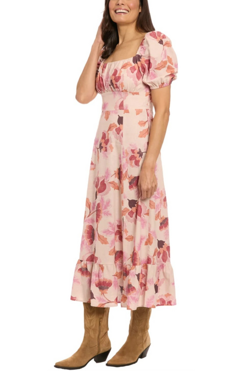 London Times T8142M Beige Rust Floral Print Ruffle Square Neck Maxi Dress with Slit Detail and Ruffled Detail