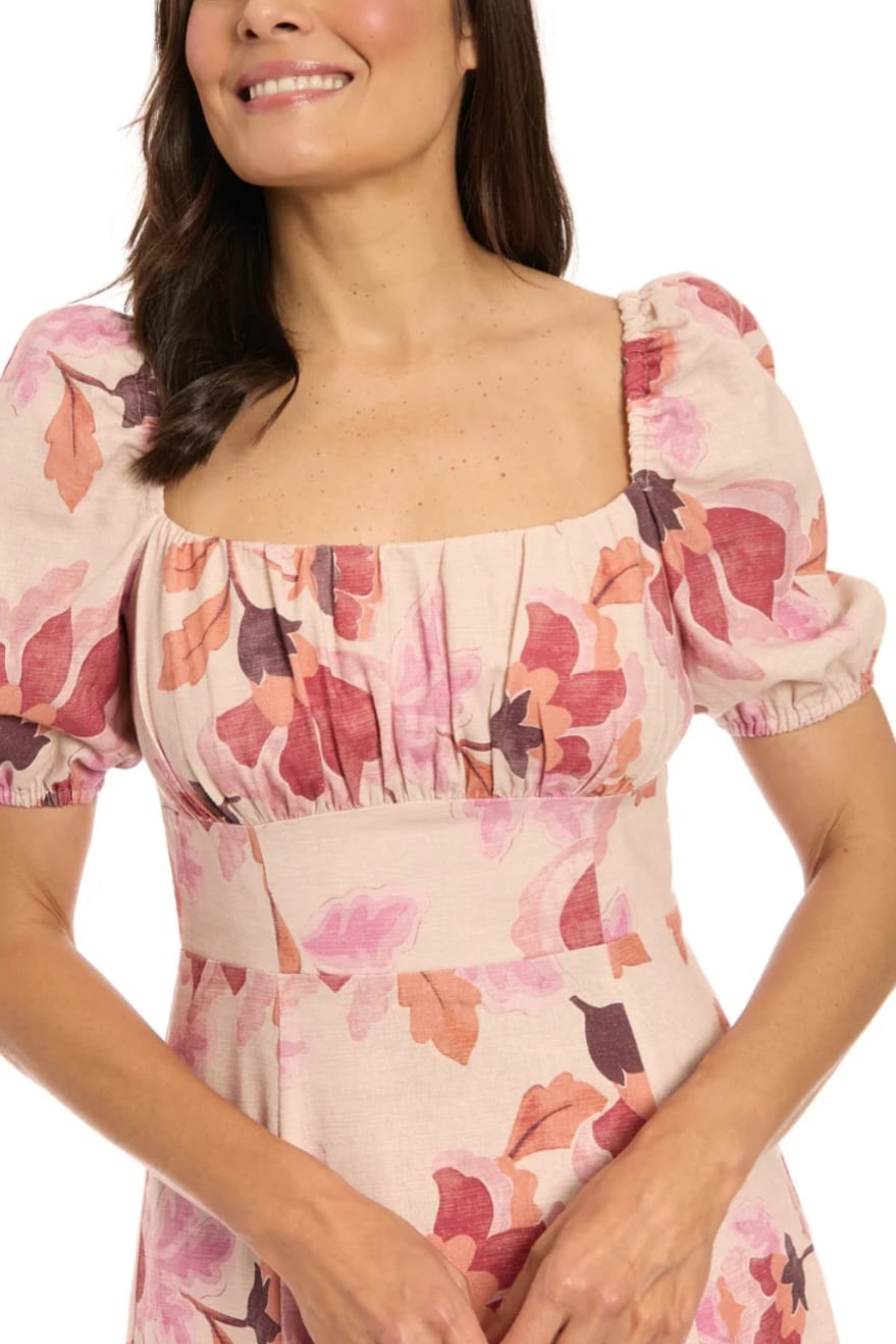 London Times T8142M Beige Rust Floral Print Ruffle Square Neck Maxi Dress with Slit Detail and Ruffled Detail