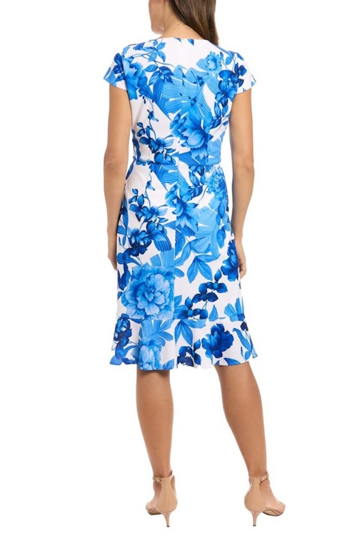 London Times T8159M Ivy Bl Royal Floral Print Sheath Dress with Wrap Styling and Pleated Detail