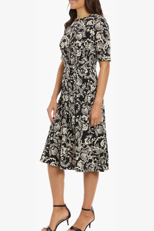 London Times T8187M Paisley Print A-Line Short Sleeve Jersey Midi Dress