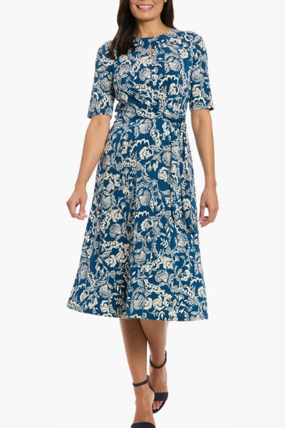 London Times T8187M Paisley Print A-Line Short Sleeve Jersey Midi Dress