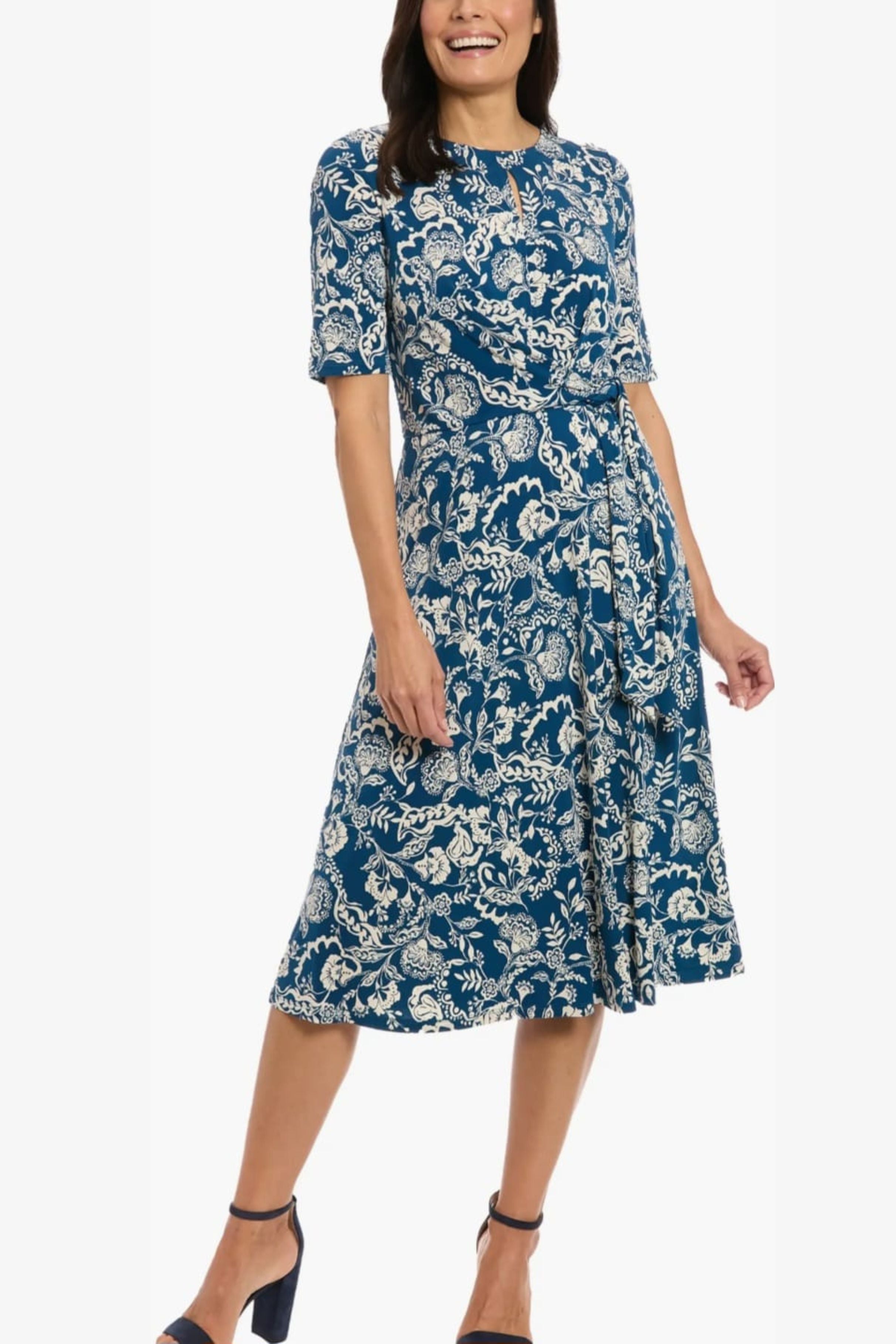 London Times T8187M Paisley Print A-Line Short Sleeve Jersey Midi Dress