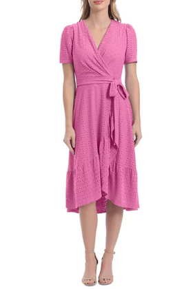 London Times T5649P Orchid Faux-Wrap Eyelet Short Sleeve Surplice V-Neck Jersey Dress Petite with Ruffled Detail and Tie Sash Belt