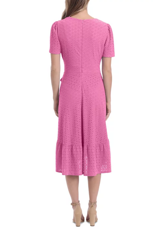 London Times T5649P Orchid Faux-Wrap Eyelet Short Sleeve Surplice V-Neck Jersey Dress Petite with Ruffled Detail and Tie Sash Belt