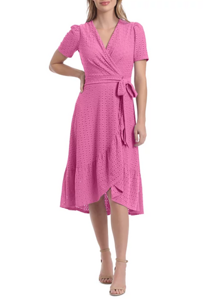 London Times T5649P Orchid Faux-Wrap Eyelet Short Sleeve Surplice V-Neck Jersey Dress Petite with Ruffled Detail and Tie Sash Belt