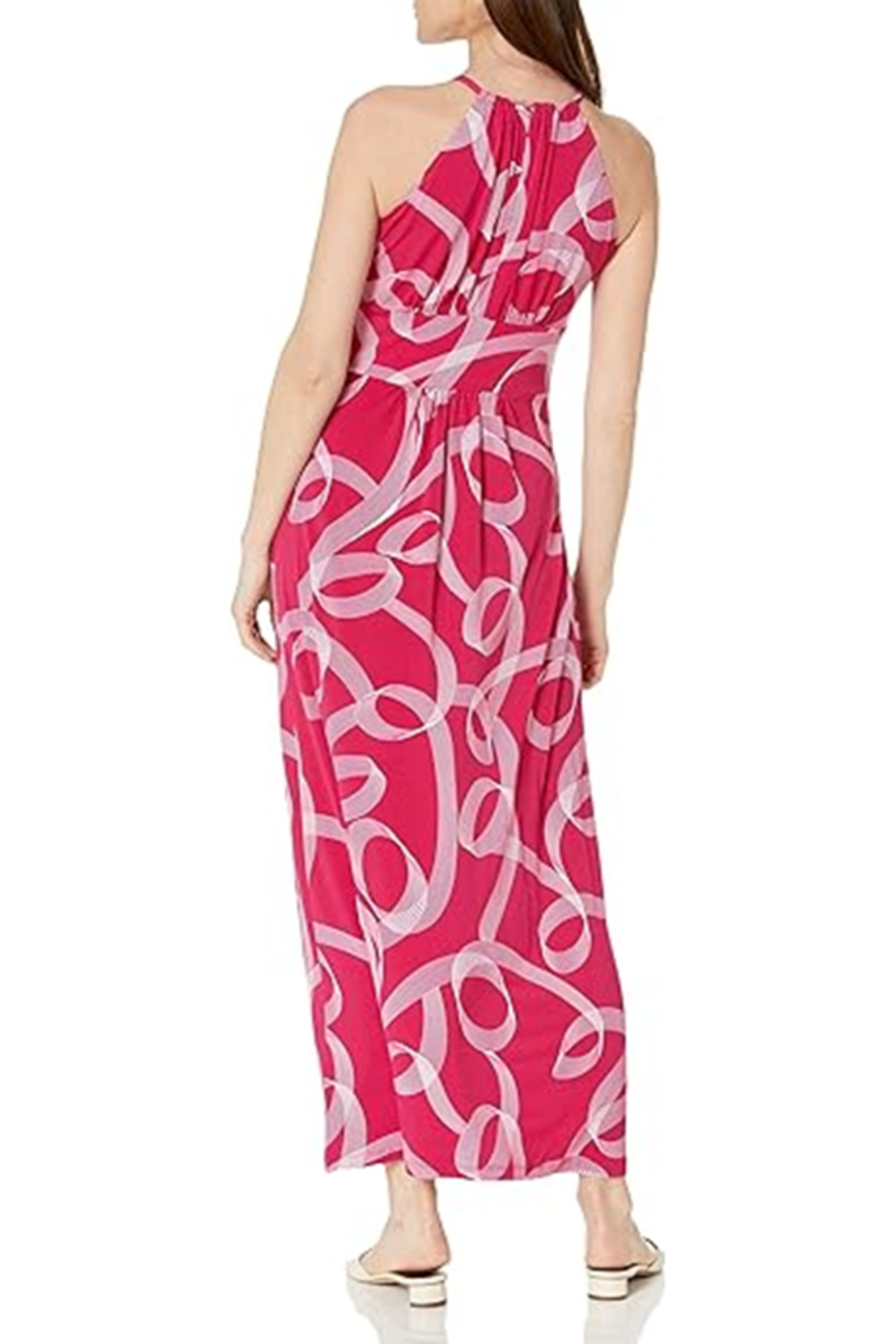 London Times T5684M Pink White Halter Brushstroke Print Maxi Dress with Halter Neck, Jersey, Striped Design
