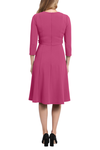 London Times T6004M Pink 3/4 Sleeve Button-Waist A-Line Dress with Jewel Neck, Scuba Crepe, Button Waist