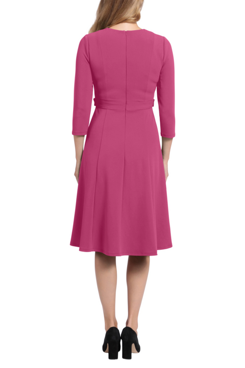 London Times T6004M Pink 3/4 Sleeve Button-Waist A-Line Dress with Jewel Neck, Scuba Crepe, Button Waist