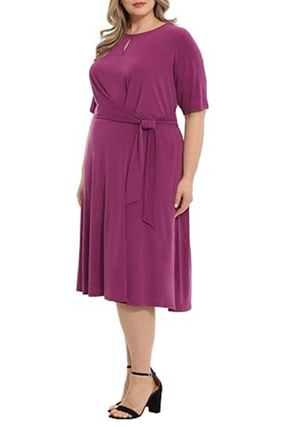 London Times T6029M Purple Keyhole Detail A-Line Midi Dress with Jewel Neck, Jersey