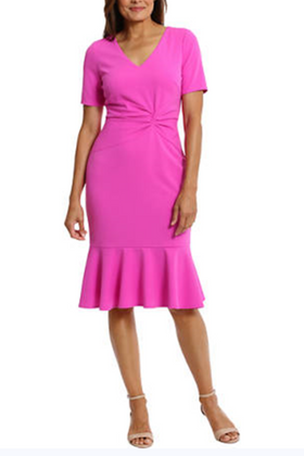 London Times T6064P Light Pink Flounce Hem Short Sleeve V-Neck Scuba Crepe Sheath Dress with Twist Detail and Ruffled Detail