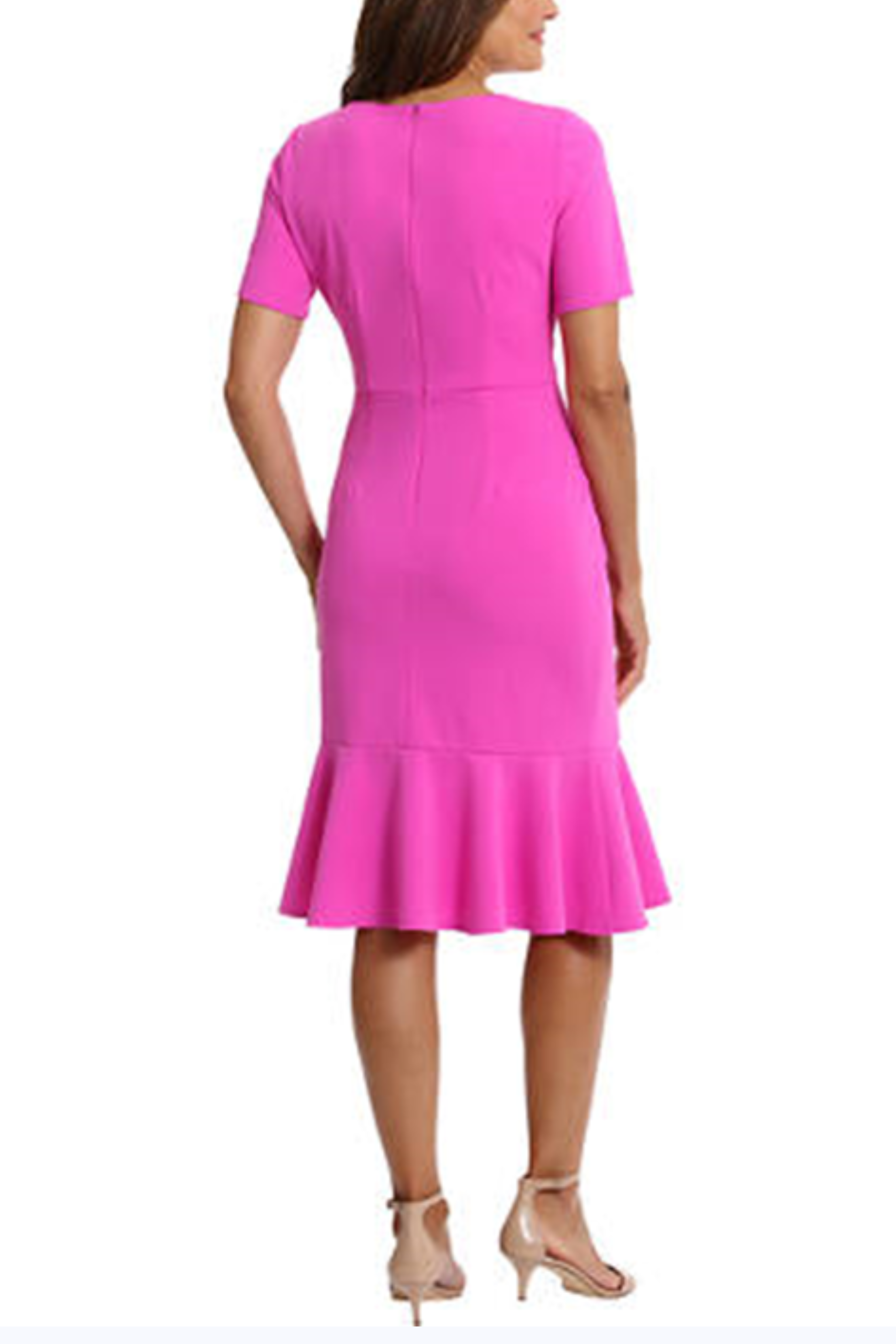 London Times T6064P Light Pink Flounce Hem Short Sleeve V-Neck Scuba Crepe Sheath Dress with Twist Detail and Ruffled Detail