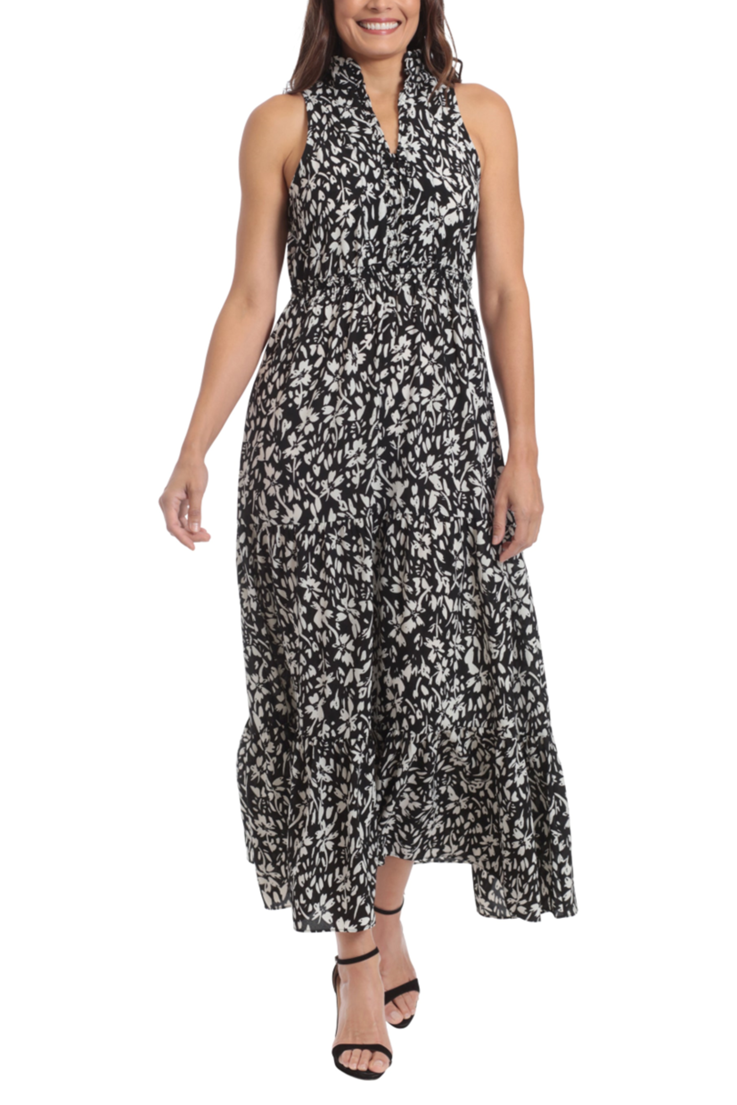 London Times T6531M Black Ivory Sleeveless Smocked Waist Maxi Dress with V-Neck, Bubble Crepe, Floral Print
