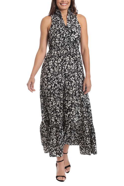 London Times T6531M Black Ivory Sleeveless Smocked Waist Maxi Dress with V-Neck, Bubble Crepe, Floral Print