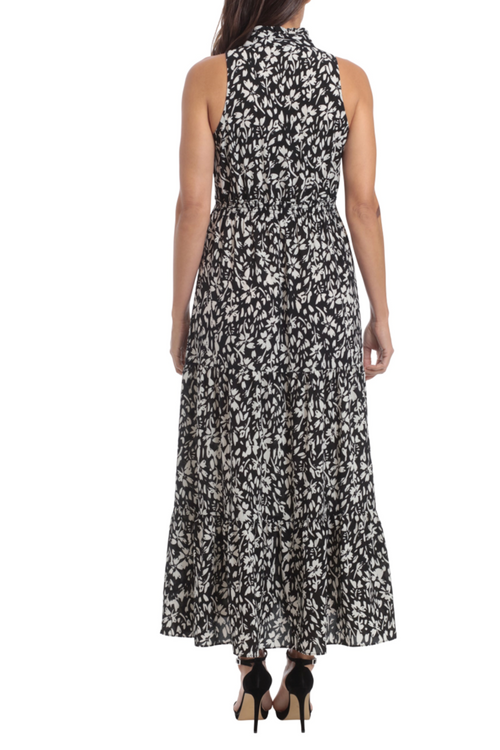 London Times T6531M Black Ivory Sleeveless Smocked Waist Maxi Dress with V-Neck, Bubble Crepe, Floral Print