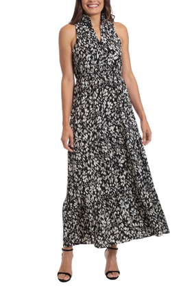 London Times T6531M Black Ivory Sleeveless Smocked Waist Maxi Dress with V-Neck, Bubble Crepe, Floral Print