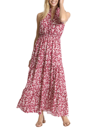 London Times T6531M Red Ivory Sleeveless Smocked Waist Maxi Dress with V-Neck, Bubble Crepe, Floral Print