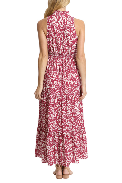 London Times T6531M Red Ivory Sleeveless Smocked Waist Maxi Dress with V-Neck, Bubble Crepe, Floral Print
