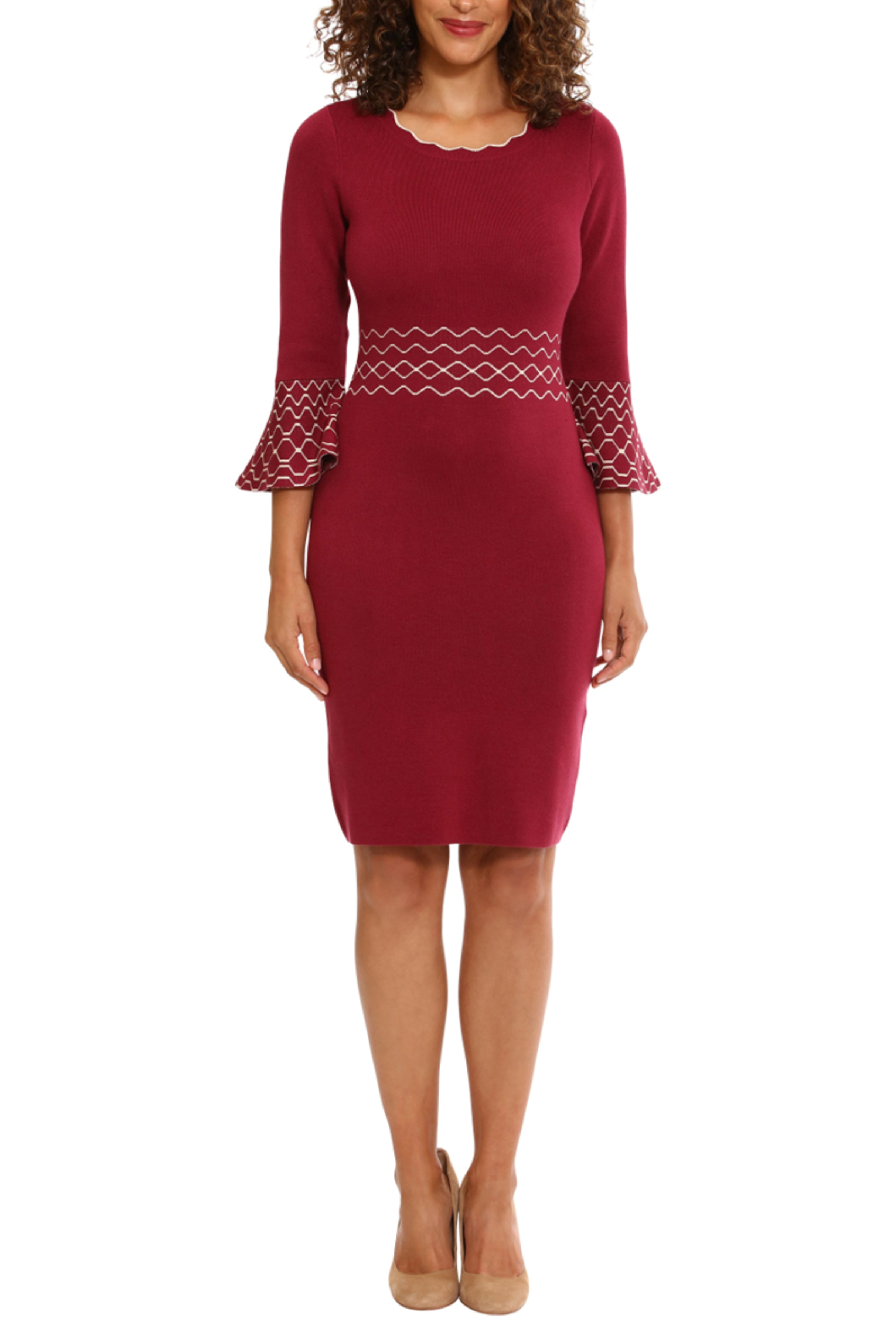 London Times T6585M Fig Metallic Bell Sleeve Sheath Knit Sweater Dress with Geometric Print and Metallic Finish